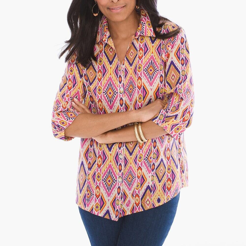 Chico's | Sz 0 Ikat 100% Linen Button-Back No Iron Colorful Button Up Shirt